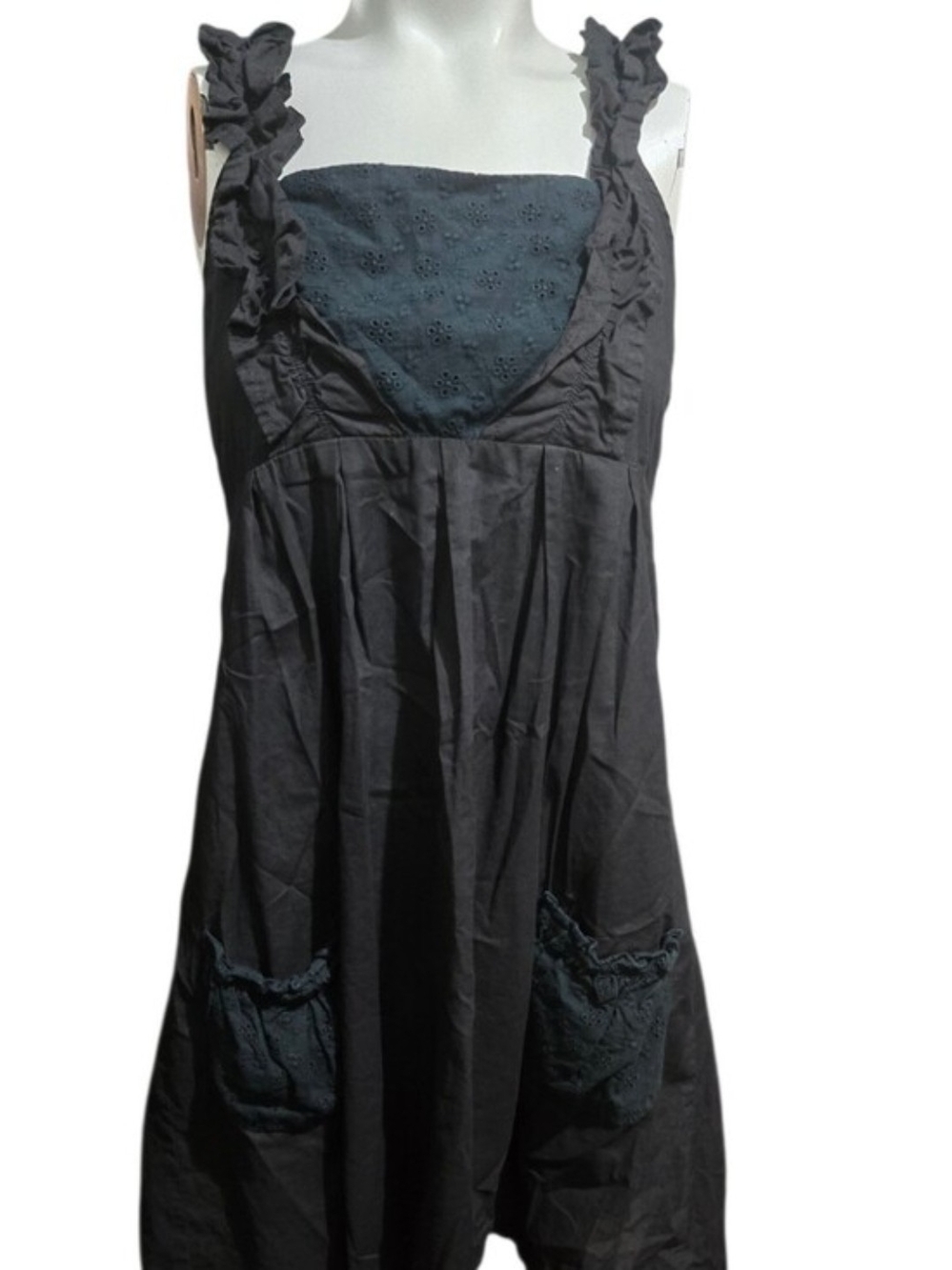 Ad Hoc Italian Black Ruffle Strap Dress Eyelet Pockets